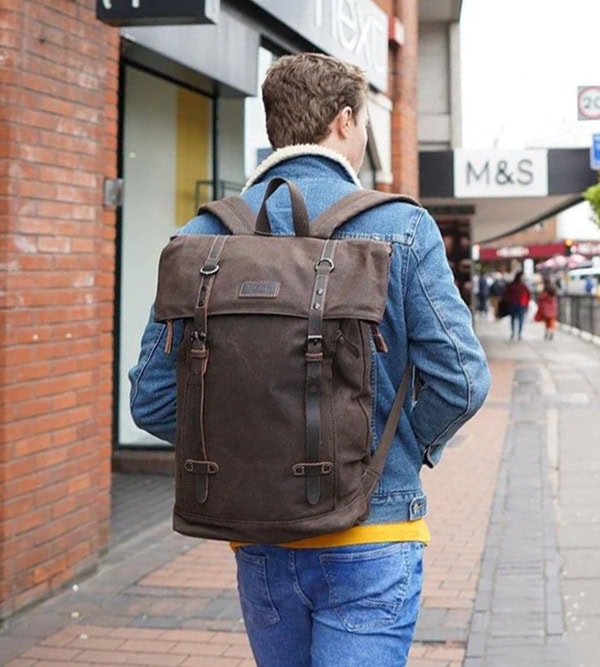 Troop London canvas backpack worn in the city